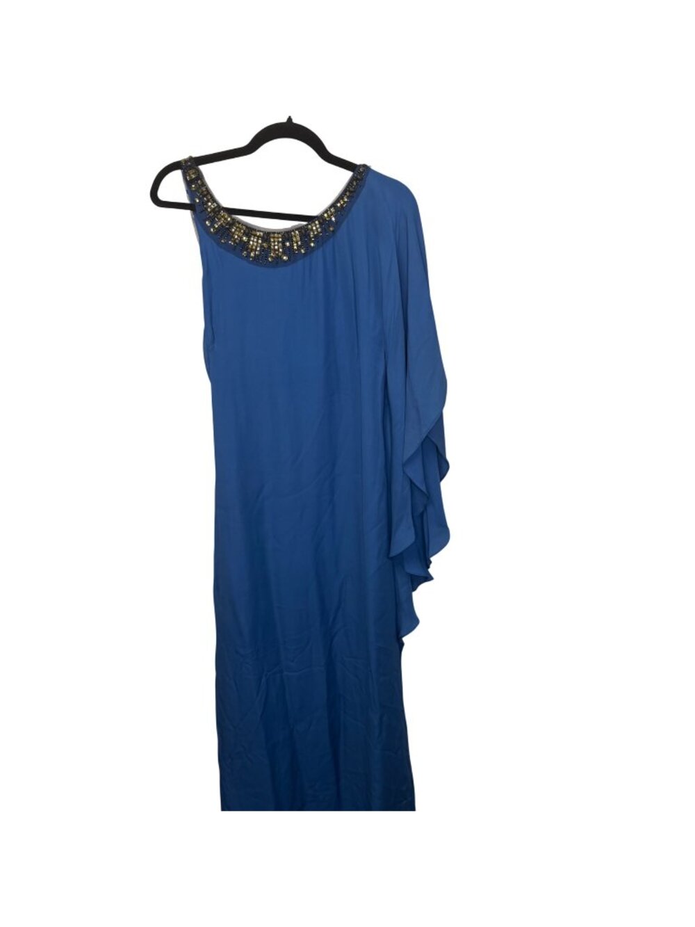 BCBG MAXAZRIA One-Shoulder Blue Evening Gown Beaded Neckline Flowing Sleeve Size